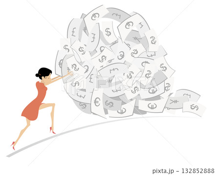 Success in business. Gambling. Lottery. Happy businesswoman rolls up a big pile of money. Business concept illustration	 132852888