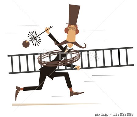 Cartoon running chimney sweeper. Funny running chimney sweeper in the top hat with a rope, chimney brush and ladder. Isolated on white background 132852889