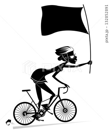 Cycling woman with flag in the hand. Smiling young woman in helmet and sunglasses riding a bike and holding a flag. Black and white illustration 132852891