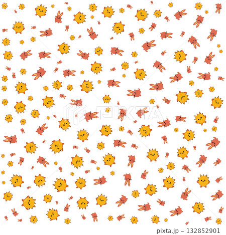 Seamless cute floral pattern with orange flowers, green leaves, and bunny characters for kids 132852901