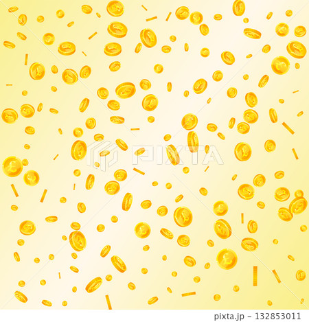 British pound coins falling. Scattered gold GBP coins. United Kingdom money. Jackpot wealth or success concept. Square vector illustration. 132853011