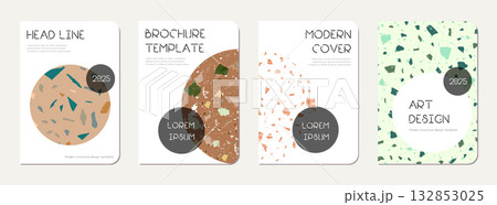 Note book cover design. Terrazzo abstract background made of natural stones, granite, quartz and marble. Venetian terrazzo texture note book template. 132853025