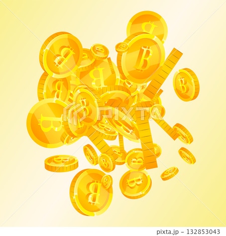 Bitcoin coins falling. Cryptocurrency scattered gold BTC coins. Internet currency. Jackpot wealth or success concept. Square vector illustration. 132853043