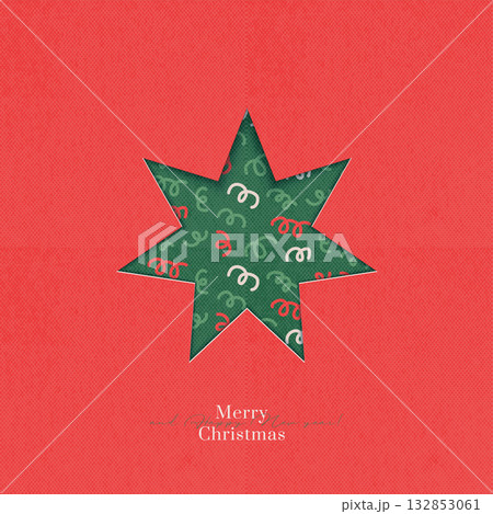 Winter and Merry Christmas card in paper cut style with hole in shape of star with kraft cardboard texture. Vector illustration. 132853061