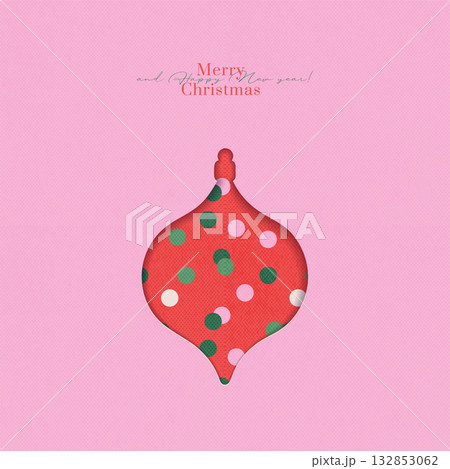 Christmas greeting card with hole in shape of bauble in 3D paper cut style. Pink, Red and green colors holiday confetti pattern with kraft cardboard texture. Vector illustration. 132853062