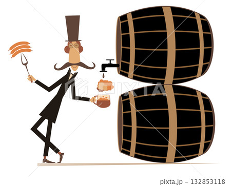 Cartoon man, sausages and big tuns of beer. Funny long mustache man in the top hat holds a fork with sausages and pours beer from the tun into the beer mug 132853118