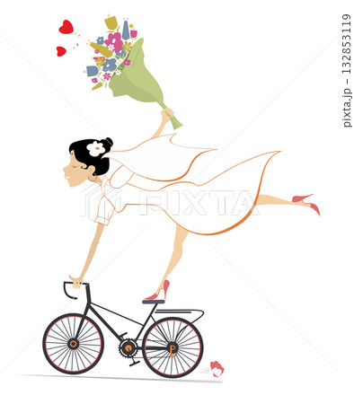 Happy bride riding a bike and holding a bunch of flowers. Pretty bride in the white dress and wedding veil riding a bike with a bunch of flowers. Isolated on white background Happy bride riding a bike and holding a bunch of flowers. Pretty bride in the white dress and wedding veil riding a bike with a bunch of flowers. Isolated on white background 132853119