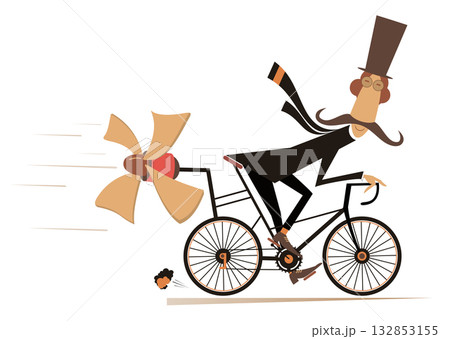 Long mustache man in the top hat rides on the bicycle. Cartoon mustache man in the top hat rides on the bicycle and tries to ride faster using a propeller Long mustache man in the top hat rides on the bicycle. Cartoon mustache man in the top hat rides on the bicycle and tries to ride faster using a propeller 132853155