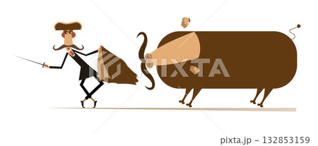 Cartoon bullfighter and the angry bull. Cartoon long mustache bullfighter with a sword and matador cape stays in front of the angry bull. Isolated on white Cartoon bullfighter and the angry bull. Cartoon long mustache bullfighter with a sword and matador cape stays in front of the angry bull. Isolated on white 132853159