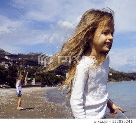 little cute girl on beach, lifestyle people concept little cute girl on beach, lifestyle people concept 132853241
