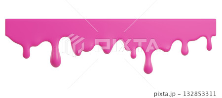 Pink ice cream melt with glossy drips and smooth texture for dessert designs or summer graphics. Liquid flows down in curved streams for advertisements on Transparent background. 3d render 132853311