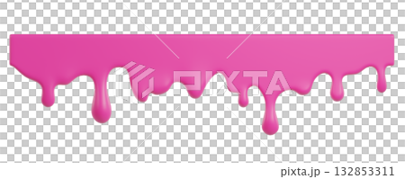 Pink ice cream melt with glossy drips and smooth texture for dessert designs or summer graphics. Liquid flows down in curved streams for advertisements on Transparent background. 3d render 132853311