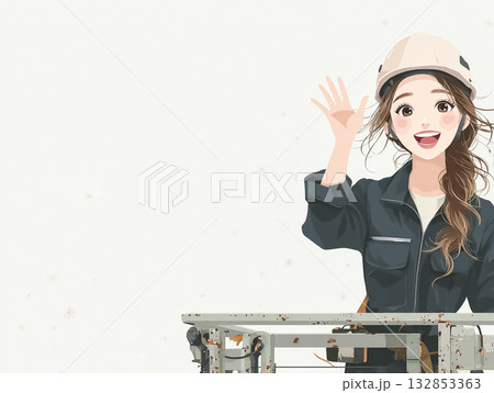 美優シリーズ:高所作業車のバケットで笑顔で手を振る女性技術者 美優シリーズ:高所作業車のバケットで笑顔で手を振る女性技術者 132853363