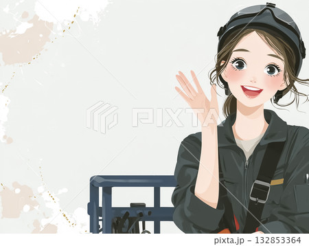 美優シリーズ:高所作業車のバケットで笑顔で手を振る女性技術者 美優シリーズ:高所作業車のバケットで笑顔で手を振る女性技術者 132853364