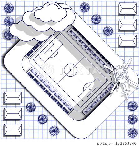 The stadium with a football field on the sheet in a cage. View from above. Vector illustration. The stadium with a football field on the sheet in a cage. View from above. Vector illustration. 132853540