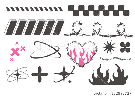 Y2k geometric elements trendy set, heart with flame, barbed wire, grid pattern. Groovy pink and gray cyber retro design elements.  132853727