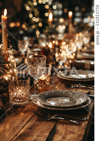 Table setting with crystal glasses, candles, and plates 132853738