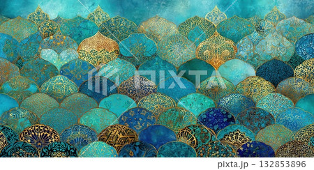 Elegant Teal and Gold Abstract Tile Pattern Design 132853896