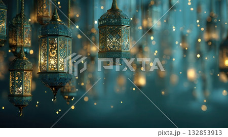 Elegant Teal Lanterns with Bokeh Lights for Celebration Designs 132853913
