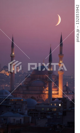 Evening Crescent Moon Over Illuminated Istanbul Mosque 132853942