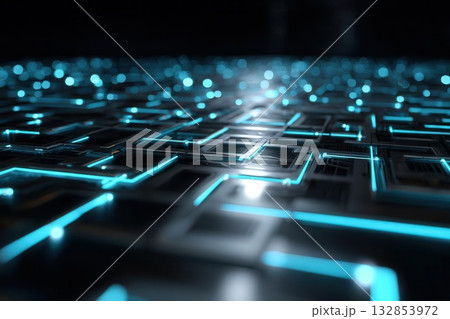 Futuristic Circuit Board with Glowing Blue Lines and Bokeh Futuristic Circuit Board with Glowing Blue Lines and Bokeh 132853972