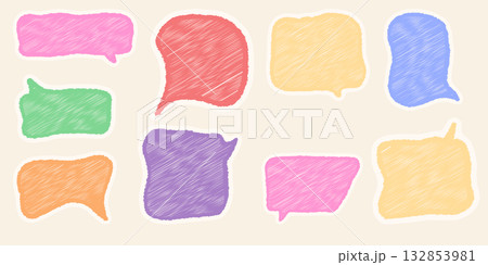 Chalk pencil doodle speech balloons on beige background, sketch style comic frames, crayon hand drawn vector illustration with grunge texture for creative projects and presentations 132853981