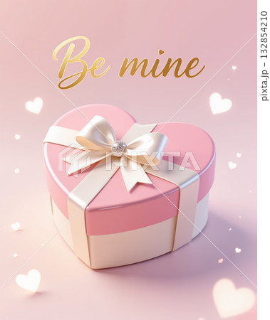 Pink heart gift box with bow and Be mine text. 132854210