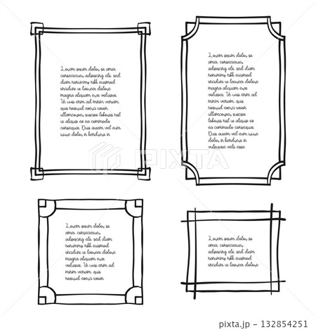 Frame outline set. Hand drawn decorative doodle black ink brush stroke corner, modern calligraphic freehand grunge line. Square, rectangle isolated geometric shape background. Vector illustration Frame outline set. Hand drawn decorative doodle black ink brush stroke corner, modern calligraphic freehand grunge line. Square, rectangle isolated geometric shape background. Vector illustration 132854251