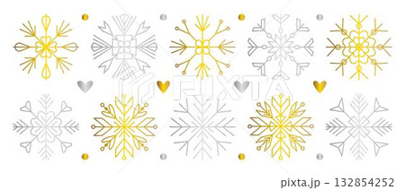 Gold and silver snowflake set, shiny gradient golden and chrome snow flake collection, decorative vector symbols in various shapes, glossy line winter cliparts Gold and silver snowflake set, shiny gradient golden and chrome snow flake collection, decorative vector symbols in various shapes, glossy line winter cliparts 132854252