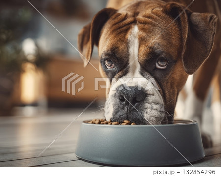 Boxer dog eating kibble from bowl at homeのイラスト素材 [132854296] - PIXTA