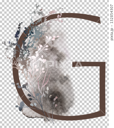 Capital letter G with watercolor autumn leaves and grass in earth tones, winter wedding illustration 132854307