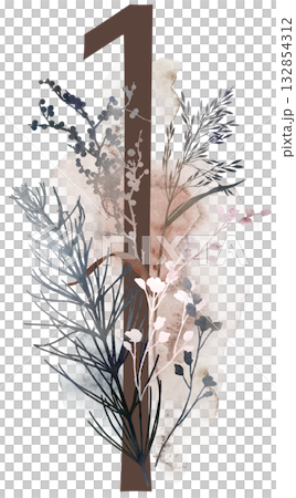 Number 1 with watercolor autumn leaves and grass in borwn tones, winter wedding illustration Number 1 with watercolor autumn leaves and grass in borwn tones, winter wedding illustration 132854312