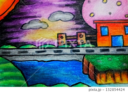 Vibrant Townscape Drawing with River, Bridge, and Cosmic Sky Art 132854424