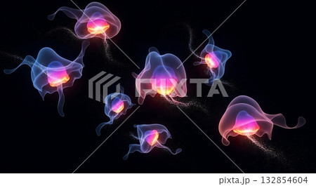 Floating jellyfish-like forms glowing in deep darkness. 132854604