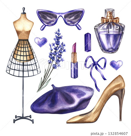 A purple set of fashionable women's accessories. Hand-drawn watercolor illustrations. Perfume bottle, lavender, glasses, lipstick, women's shoes, a French beret, and a mannequin. Beauty and fashion. 132854607