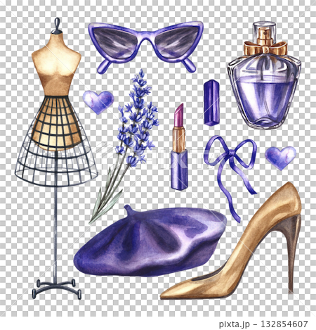 A purple set of fashionable women's accessories. Hand-drawn watercolor illustrations. Perfume bottle, lavender, glasses, lipstick, women's shoes, a French beret, and a mannequin. Beauty and fashion. A purple set of fashionable women's accessories. Hand-drawn watercolor illustrations. Perfume bottle, lavender, glasses, lipstick, women's shoes, a French beret, and a mannequin. Beauty and fashion. 132854607