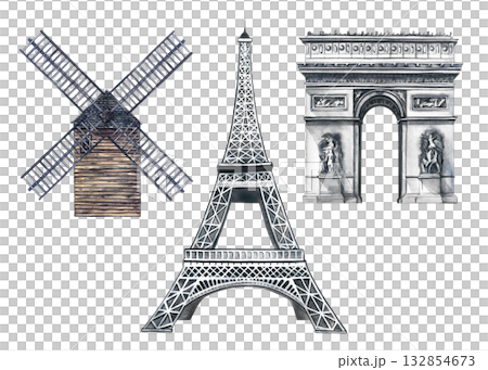 A collection of French architectural landmarks, including the Eiffel Tower, Arc de Triomphe, and the Moulin de la Galette mill in Paris. Hand-drawn watercolor illustrations. Landmarks of France. A collection of French architectural landmarks, including the Eiffel Tower, Arc de Triomphe, and the Moulin de la Galette mill in Paris. Hand-drawn watercolor illustrations. Landmarks of France. 132854673