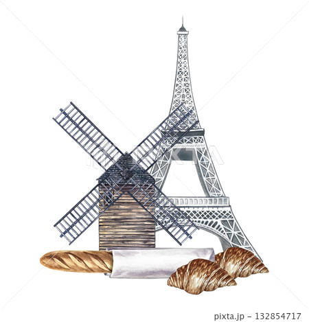 A set of French pastries. French baguette and croissant, the Eiffel Tower, and the Moulin de la Galette. Hand-painted watercolor illustration. For menus, labels and packaging, banners, and decor. 132854717