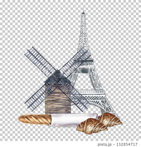 A set of French pastries. French baguette and croissant, the Eiffel Tower, and the Moulin de la Galette. Hand-painted watercolor illustration. For menus, labels and packaging, banners, and decor. 132854717