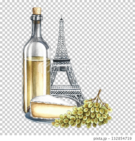 A bottle of white wine, a glass, a bunch of grapes, and cheese against the background of the Eiffel Tower. Hand-drawn watercolor illustration. For labels, banners and posters, restaurant and bar menus A bottle of white wine, a glass, a bunch of grapes, and cheese against the background of the Eiffel Tower. Hand-drawn watercolor illustration. For labels, banners and posters, restaurant and bar menus 132854719