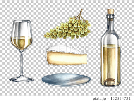 Wine set. A bottle of white wine, a glass, a bunch of grapes, and cheese. Hand-drawn watercolor illustration. Isolated. Suitable for packaging and labels, banners and posters, restaurant and bar menus 132854721