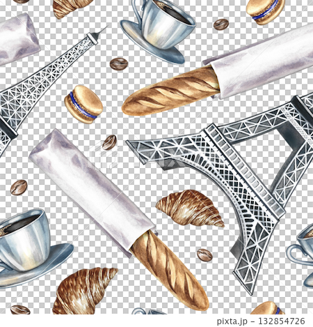 Seamless pattern with French pastries. Hand-drawn watercolor illustration. French baguette, almond biscuit, croissant, Eiffel Tower. For cafe design and decor, menu, packaging paper, textile 132854726