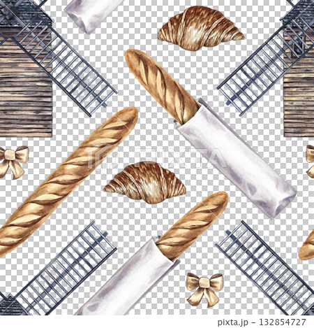 Seamless pattern with French pastries. French baguette and croissant, windmill. Hand-drawn watercolor illustration. Elements of French cuisine. For menus, labels and packaging, textiles and decor. Seamless pattern with French pastries. French baguette and croissant, windmill. Hand-drawn watercolor illustration. Elements of French cuisine. For menus, labels and packaging, textiles and decor. 132854727
