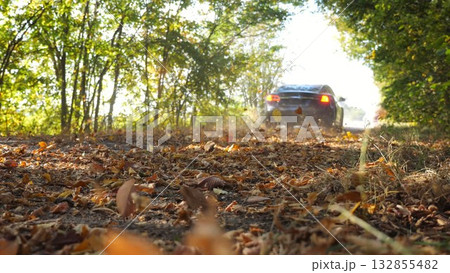 Black electric sedan driving fast along an empty road on yellow leaves. Powerful electrical car crossing through alley. Colorful autumn foliage flying out from under wheel of auto. Low view Black electric sedan driving fast along an empty road on yellow leaves. Powerful electrical car crossing through alley. Colorful autumn foliage flying out from under wheel of auto. Low view 132855482
