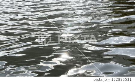 Scenery surface of pond illuminated by sun at summertime. Calm view on sea with small waves at sunny day. Beautiful summer nature landscape. Concept of tranquility scene. Slow motion Scenery surface of pond illuminated by sun at summertime. Calm view on sea with small waves at sunny day. Beautiful summer nature landscape. Concept of tranquility scene. Slow motion 132855531