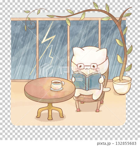 Watercolor illustration of a cat with glasses reading a book indoors on a rainy day, educational material for children immersed in their own world, developmental disorders, mental health 132855683