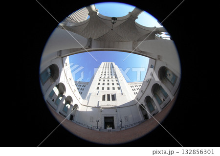 Fisheye View looking up from the Courtyard of the Los Angeles City Hall, California 132856301