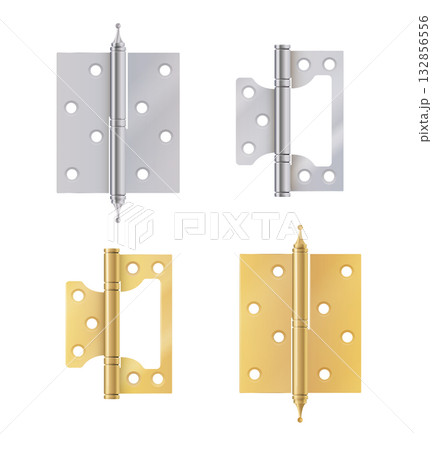 Golden door hinges construction hardware. Realistic set of gold tools for joint gates and windows metal hinges for house and furniture. vector Golden door hinges construction hardware. Realistic set of gold tools for joint gates and windows metal hinges for house and furniture. vector 132856556