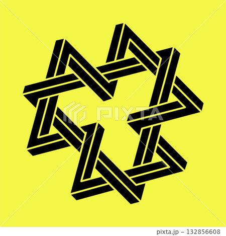 Optical illusion. Impossible shapes. Sacred geometry figure. Abstract eternal geometric object. Optical art. Impossible geometry shape on a yellow background. Escher style. Optical illusion. Impossible shapes. Sacred geometry figure. Abstract eternal geometric object. Optical art. Impossible geometry shape on a yellow background. Escher style. 132856608