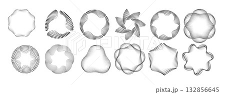 Set of circular halftone dot rings. Concentric motion lines and spiral speed shapes for technology logo, rotation effect, or futuristic vector design. Set of circular halftone dot rings. Concentric motion lines and spiral speed shapes for technology logo, rotation effect, or futuristic vector design. 132856645